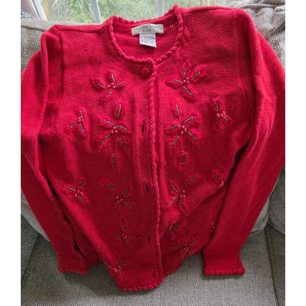 Victoria Jones Petite Red Beaded Embroidered Cardigan Sweater PS Vintage - Picture 5 of 12